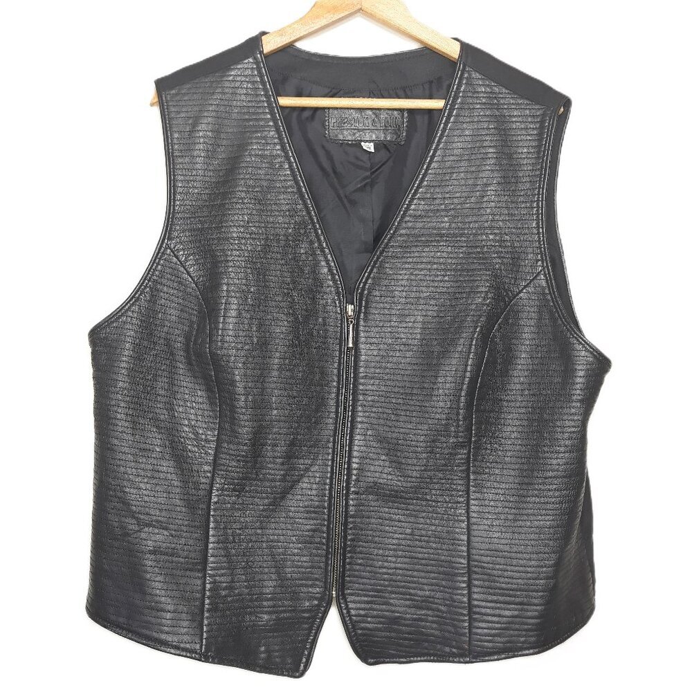 Preston & York Black Lambskin Leather Front Stitched V-Neck Vest 2X Biker Punk